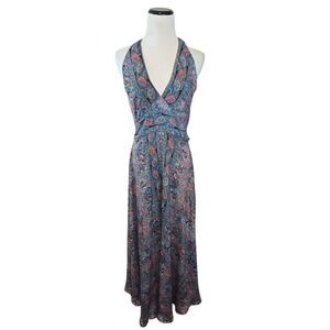 White Waves Womens Paisley Halter Maxi Dress Blue Pink Boho‎ Smocked S/M New